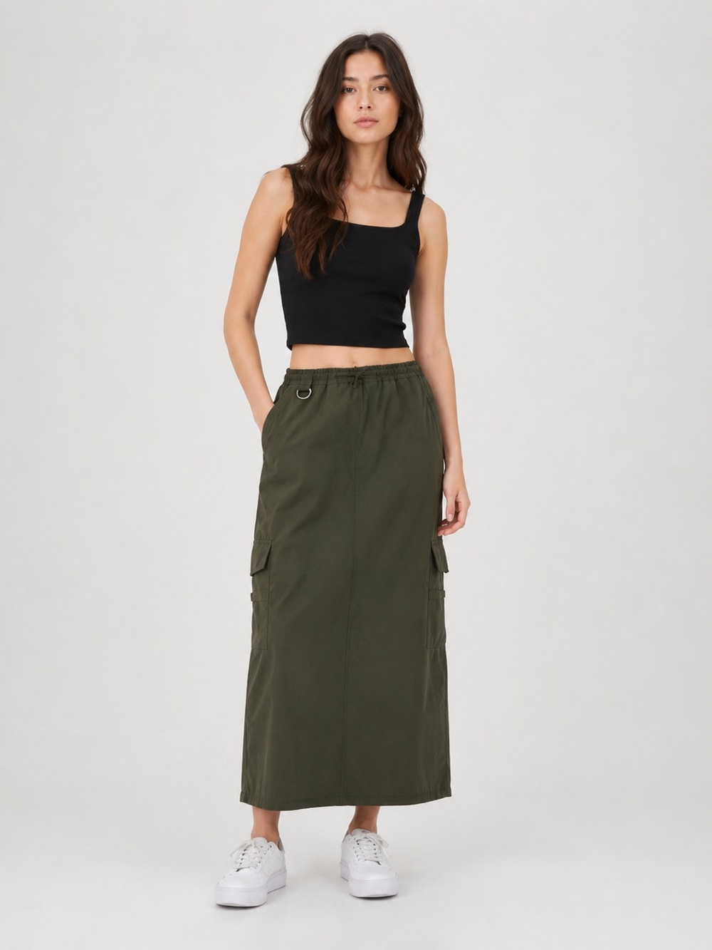 Pull&Bear cargo maxi skirt Olive Green Size S NWT